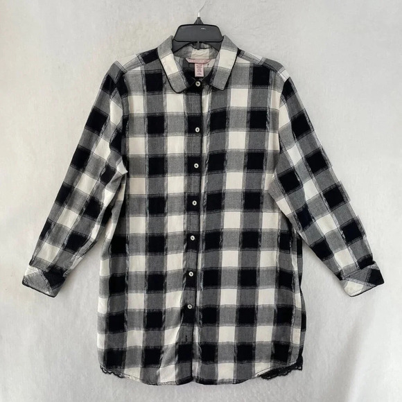 Victoria's Scecret Sleepshirt Large Black White Plaid Long Sleeve Button Down - Picture 1 of 10